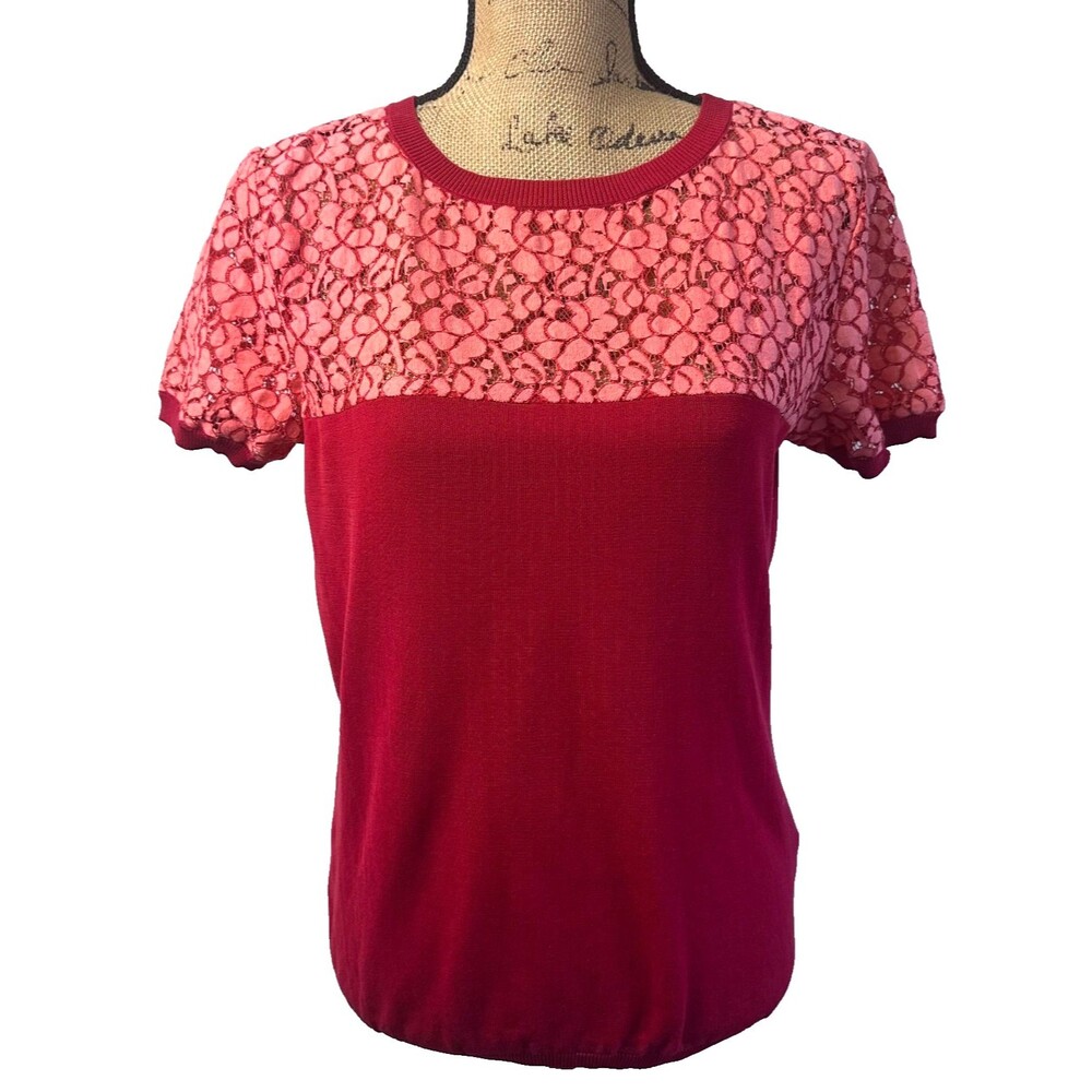 Blue Les Copains Women Red Coral Floral Lace Cotton Knit Top Sz 48/12 Italy